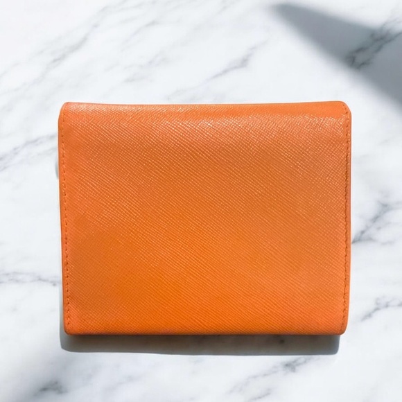 PRADA Saffiano Leather Bifold Wallet Orange Gold Logo Designer Authentic Compact - Picture 2 of 10